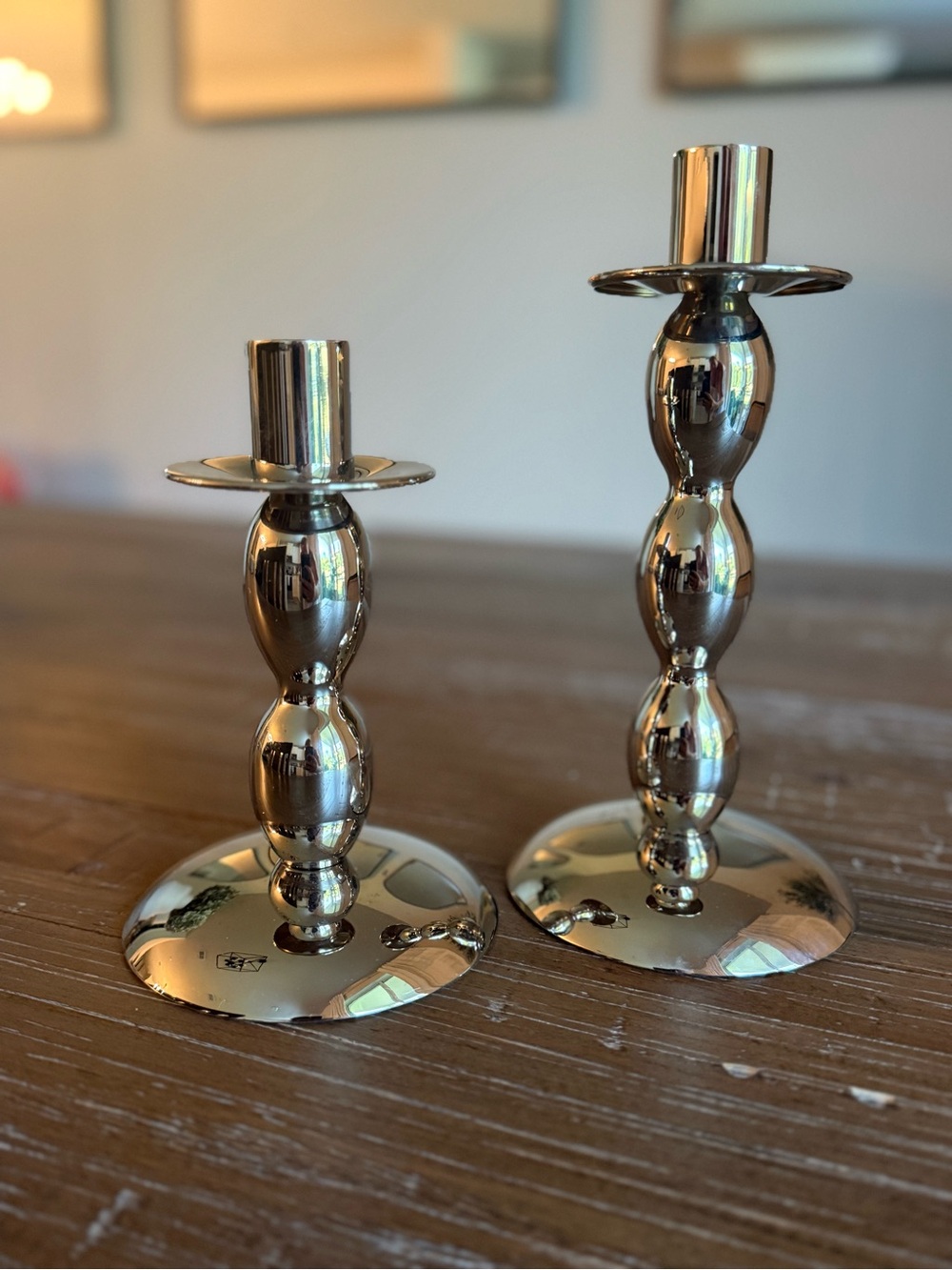 Polished Silver Taper Candlestick Pair - Shiny Metal Home Accent